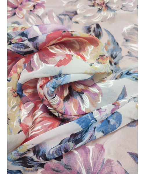 Przezroczysta tkanina szyfon na sukienki - pastelowe kwiaty piwonii